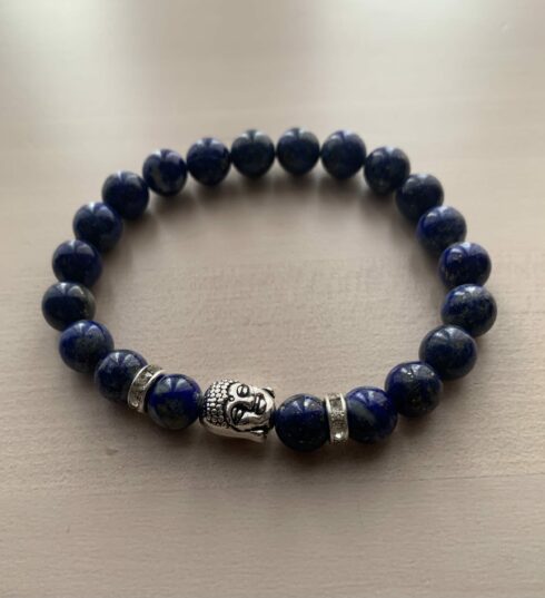 Bracelet Lapis-lazuli version "Tête de Bouddha". Le lapis-lazuli est une pierre naturelle de couleur bleue.