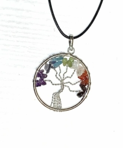 Pendentif 7 chakras sur cordon, de forme circulaire avec à l'intérieur un arbre tressé d'une chaîne plaquée argent dont les branches mènent à un feuillage de pierres naturelles qui ensemble réunissent les 7 couleurs des chakras: violet, bleu foncé, bleu clair, vert, jaune, orange et rouge.