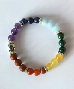 Bracelet 7 chakras "Tête de Bouddha", composé de 7 pierres naturelles différentes et d'une tête de bouddha en argent.
